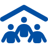 Icon of three people under a roof, symbolizing community support or teamwork.