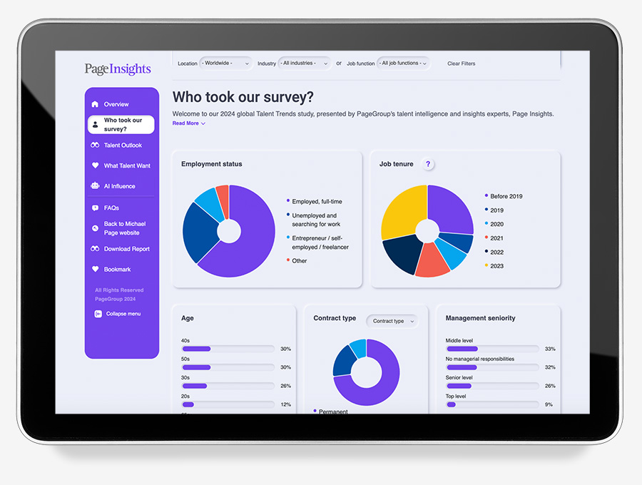 Tablet displaying survey results with colorful charts on employment and job tenure.