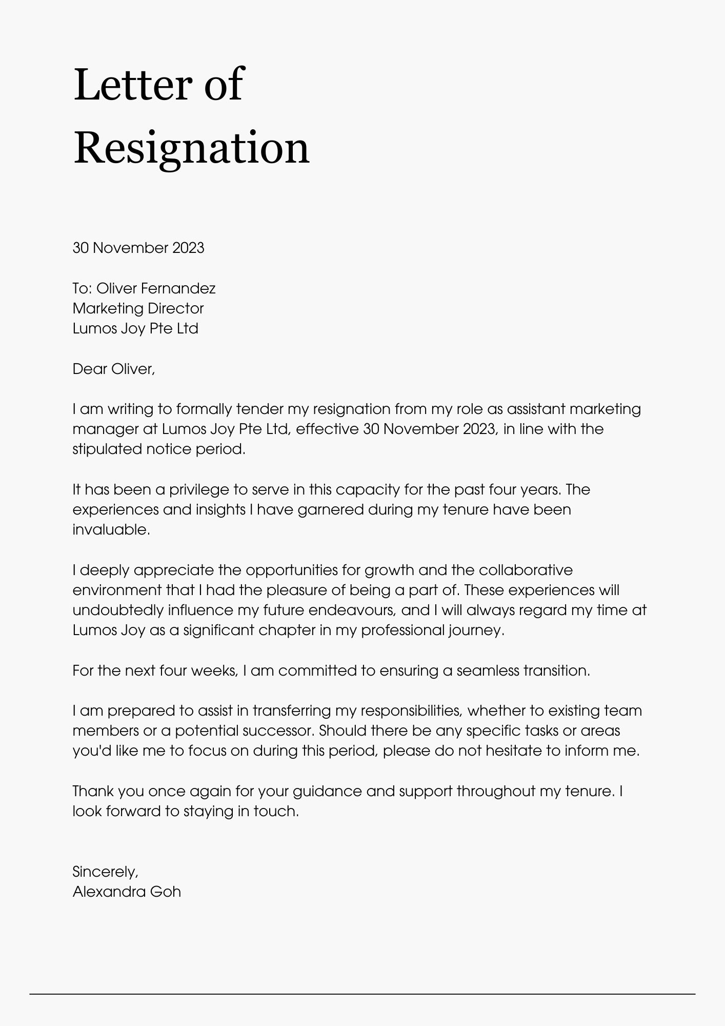 Here is an example of how a resignation letter would look like.