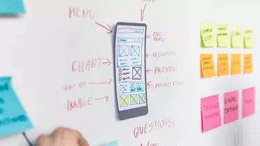 Mobile app design sketch on a whiteboard with sticky notes and diagrams.