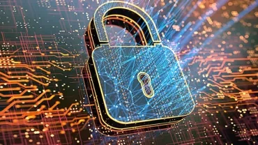Futuristic digital padlock on a circuit board background.