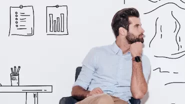 Person sitting in a chair, looking thoughtfully to the side, with sketched office background.