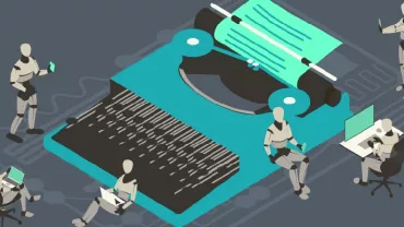 An illustration of robots on electronic devices, positioned around a typewriter
