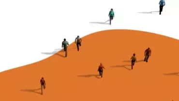 Small figures walking across orange and white abstract landscape.