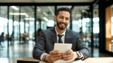 A man in a suit smiles, likely preparing to discuss a pay rise with his employer.
