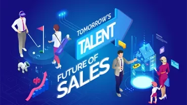 Illustration of futuristic sales with digital elements and people interacting with technology.