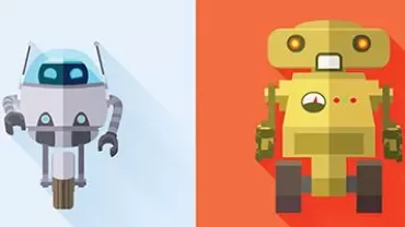 Illustration of two colorful robots on a split background.