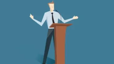 Illustration of a person speaking at a podium.
