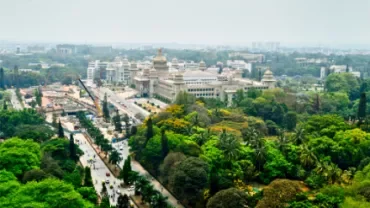 Aerial view of a cityscape with a large historic building and lush green trees.