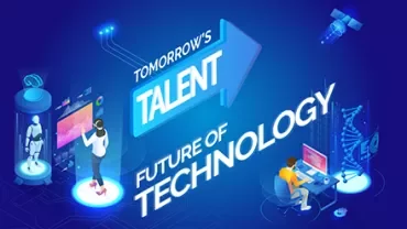 Illustration of futuristic technology with AI and human interaction.