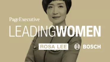 Person in professional attire with logos for Page Executive, Rosa Lee, and Bosch, titled Leading Women.