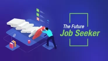 Person pushing a large red button with books and checklist icons, text reads 'The Future Job Seeker'.