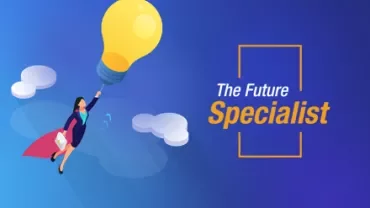 Illustration of a person flying with a lightbulb, text reads 'The Future Specialist'.