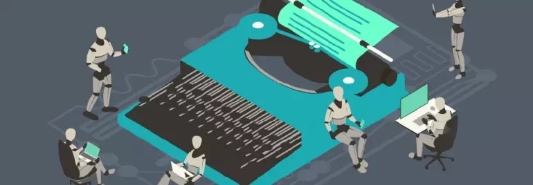 Robots interacting with a large typewriter and computers.