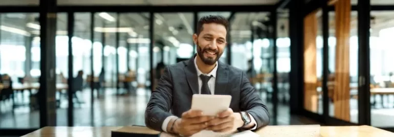 A man in a suit smiles, likely preparing to discuss a pay rise with his employer.
