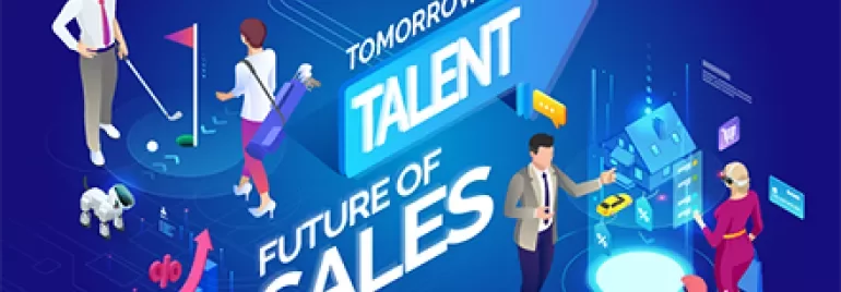 Illustration of futuristic sales with digital elements and people interacting with technology.