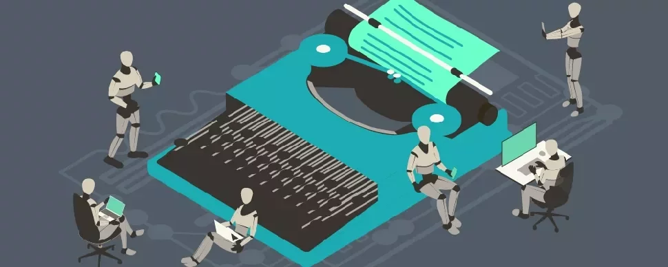 Robots interacting with a large typewriter and computers.