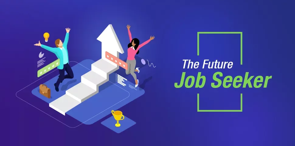 Illustration of people celebrating near steps with 'The Future Job Seeker' text.