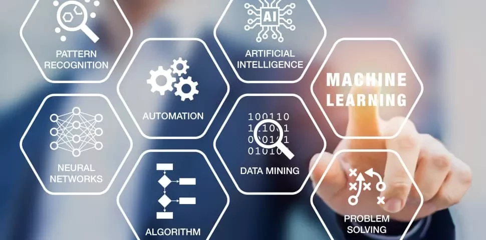 A person interacts with a digital panel about machine learning and AI concepts.