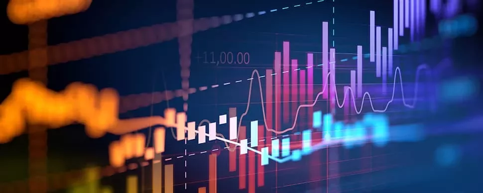 Colorful financial data graph with rising and falling bars and lines.