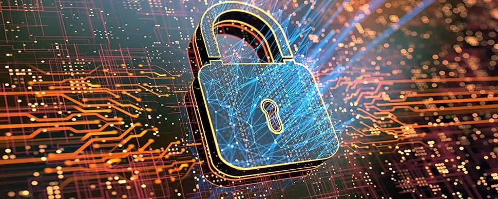 Futuristic digital padlock on a circuit board background.