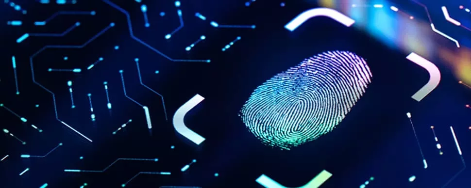 Digital fingerprint on a glowing touchpad interface.
