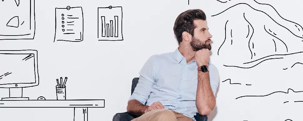 Person sitting in a chair, looking thoughtfully to the side, with sketched office background.