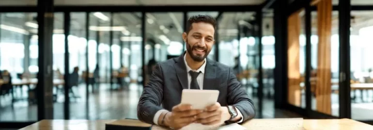 A man in a suit smiles, likely preparing to discuss a pay rise with his employer.