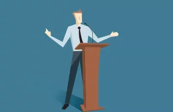 Illustration of a person speaking at a podium.