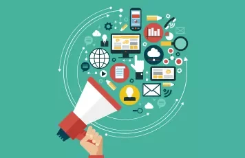 Hand holding megaphone with digital icons surrounding it