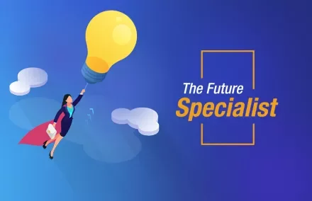 Illustration of a person flying with a lightbulb, text reads 'The Future Specialist'.